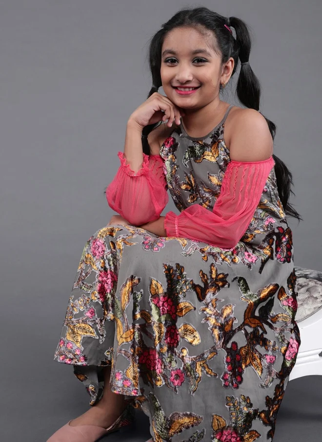 أيه كيه إس Grey Floral Printed Cold-Shoulder A-Line Midi Dress for Girls