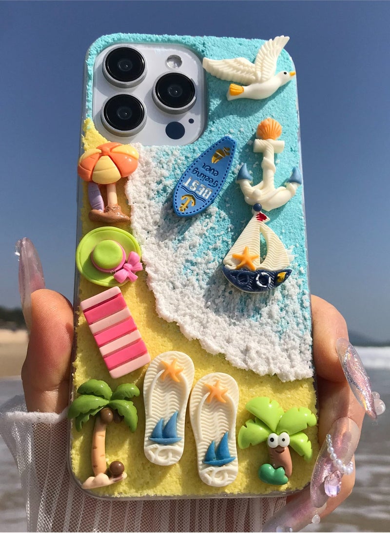 Handmade Summer Blue Ocean Phone Case for 15 Pro Max,Aesthetic Colorful Sea Shell Girls Women Cover Shockproof Soft TPU Protection - Image 1