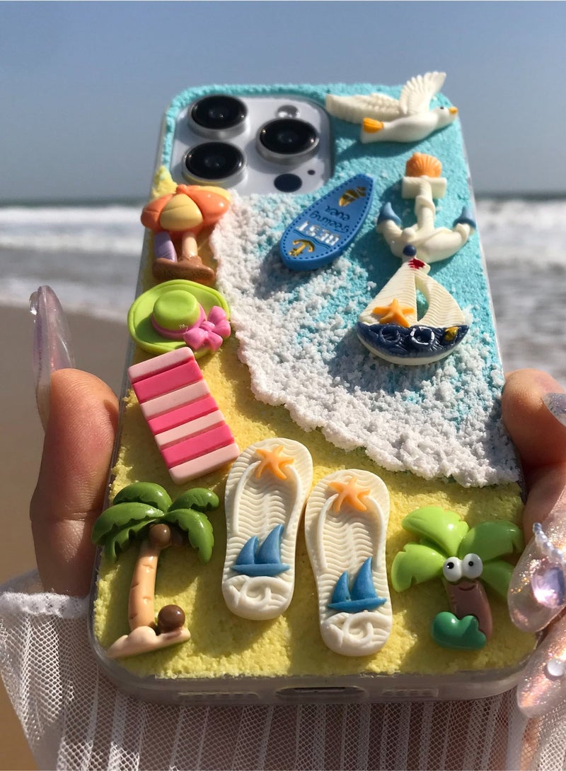 Handmade Summer Blue Ocean Phone Case for 15 Pro Max,Aesthetic Colorful Sea Shell Girls Women Cover Shockproof Soft TPU Protection - Image 3