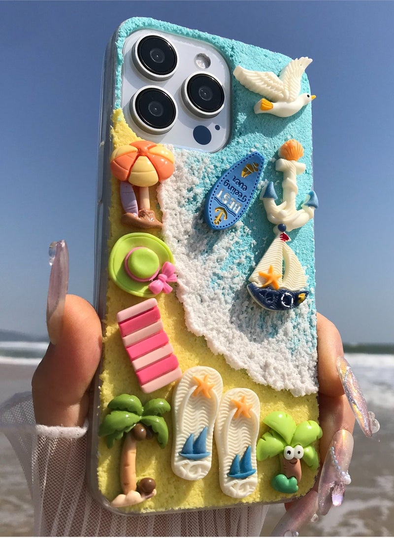 Handmade Summer Blue Ocean Phone Case for 15 Pro Max,Aesthetic Colorful Sea Shell Girls Women Cover Shockproof Soft TPU Protection - Image 2