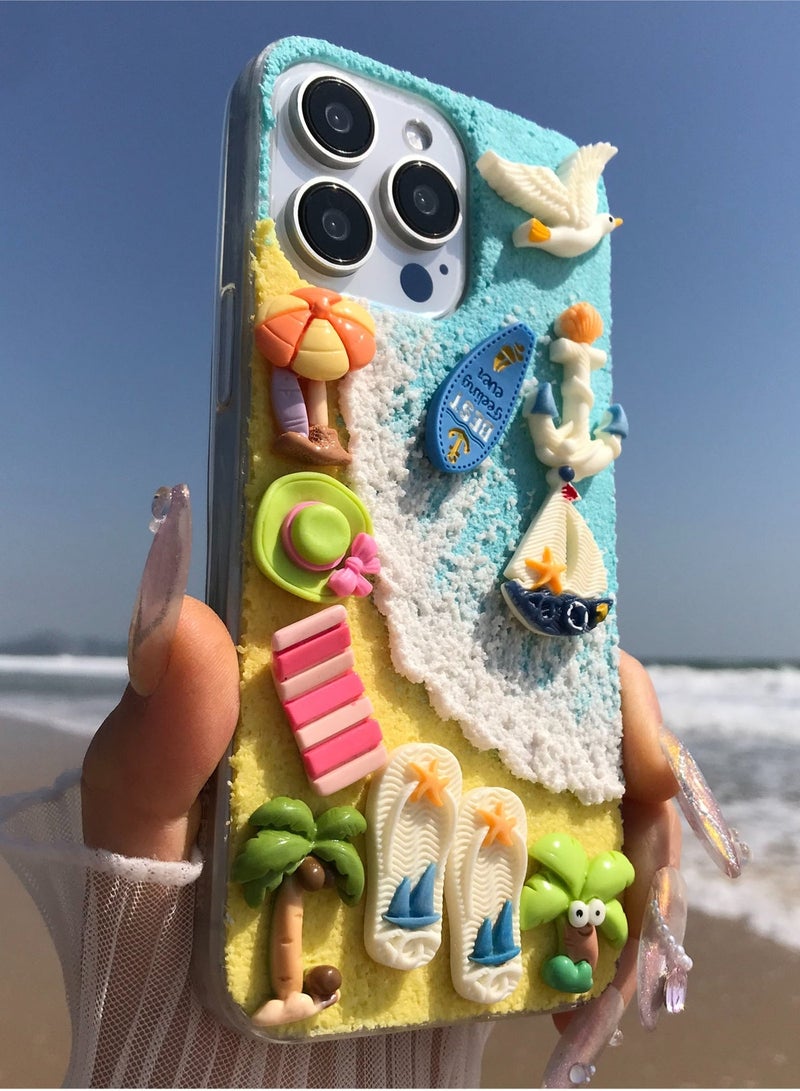Handmade Summer Blue Ocean Phone Case for 15 Pro Max,Aesthetic Colorful Sea Shell Girls Women Cover Shockproof Soft TPU Protection - Image 4