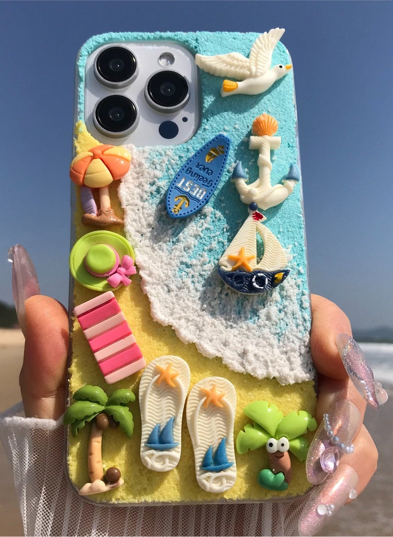 Handmade Summer Blue Ocean Phone Case for 15 Pro Max,Aesthetic Colorful Sea Shell Girls Women Cover Shockproof Soft TPU Protection - Image 5