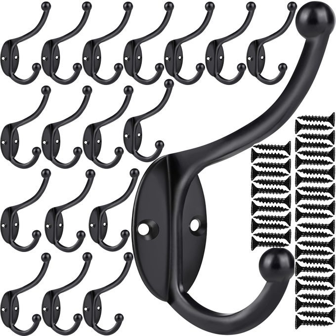 20PCS WALL HOOKS COAT HOOKS HARDWARE HEAVY DUTY HOOKS FOR HANGING COATS DOUBLE NO RUST BLACK HOOK WALL MOUNTED WITH SCREWS FOR KEY TOWEL BAGS CUP HAT