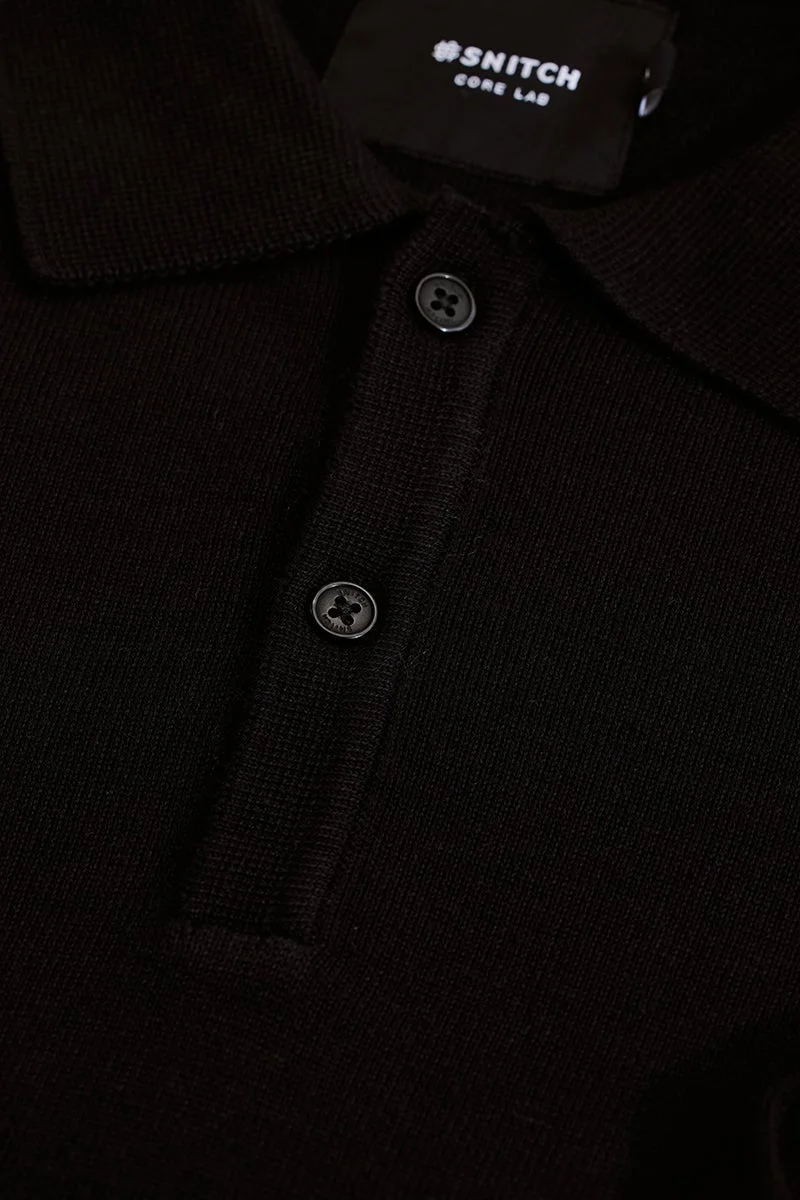 SNITCH Core Lab Black Slim Fit Knitted Polo T-Shirt