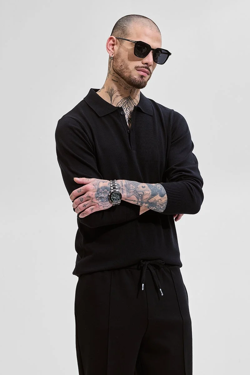 SNITCH Core Lab Black Slim Fit Knitted Polo T-Shirt