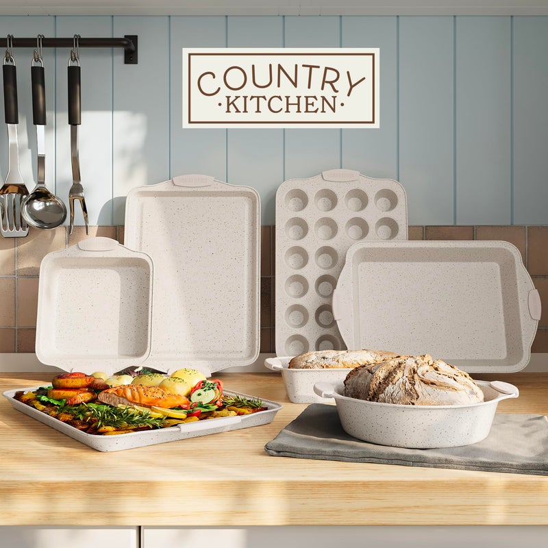 Country Kitchen Nonstick Stackable Bakeware Set - Heavy Duty, Durable, Easy Release Baking Set, Cream, 10 Pcs - Image 3