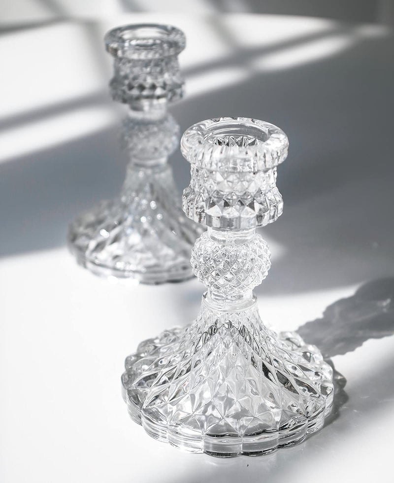 N.C Taper Candle Holders Set of 2, Clear Glass Candlestick Holder Fit 0.8 Inch Candles, 4 Inch Tall Crystal Decorative Candle Stand Centerpiece for Table Wedding Dinning Party - Image 1