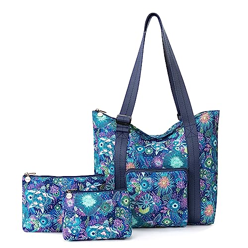 Sakroots On the Go 4 Piece Travel Bundle, Includes 21" Rolling Suitcase, Packable Large Tote, Medium & Small Pouches, Royal Blue Seascape - Image 3