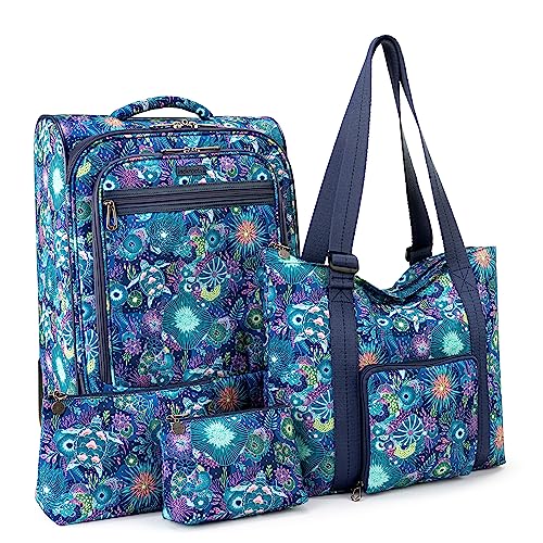 Sakroots On the Go 4 Piece Travel Bundle, Includes 21" Rolling Suitcase, Packable Large Tote, Medium & Small Pouches, Royal Blue Seascape - Image 1