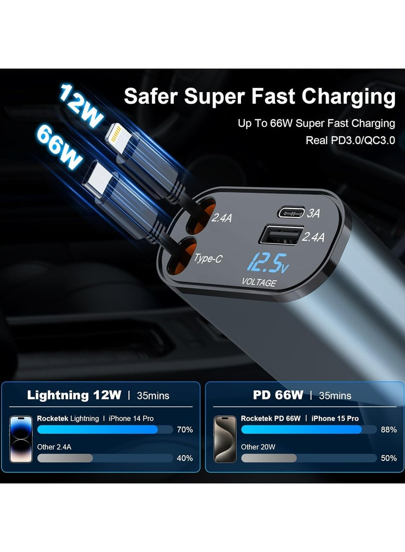 TLAXCA Retractable Car Charger, 4 in 1 Car Fast Charger 120W, Retractable Cables (80cm) iPhone+Type C and 2 Charging Ports Compatible with iPhone 15/14/13/12 Pro Max, Samsung S24/S23/S22/S20, Google - Image 2