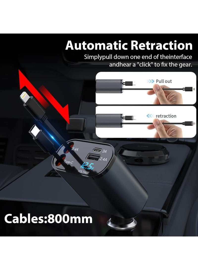 TLAXCA Retractable Car Charger, 4 in 1 Car Fast Charger 120W, Retractable Cables (80cm) iPhone+Type C and 2 Charging Ports Compatible with iPhone 15/14/13/12 Pro Max, Samsung S24/S23/S22/S20, Google - Image 3