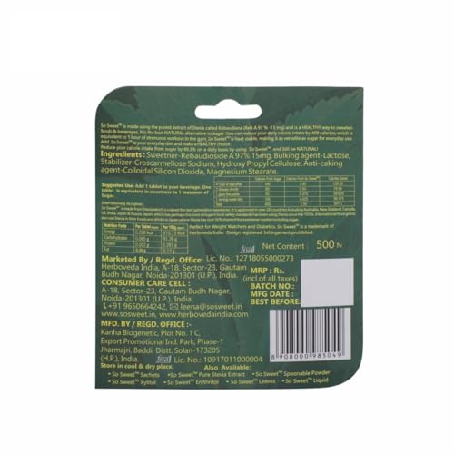 So Sweet Stevia 500 Tablet Sugar Free Natural Zero Calorie Sweetener - (Pack of 04) - Image 3