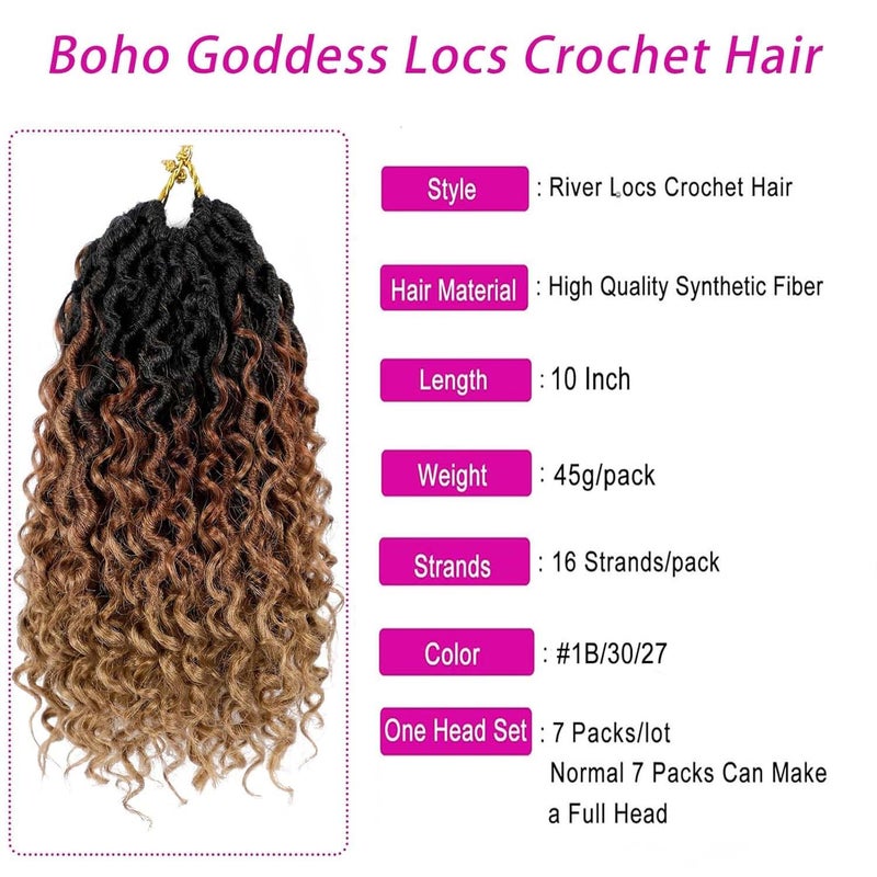 Dorsanee Goddess Locs Crochet Hair 10 Inch 7 Packs Ombre Brown Boho Faux Locs Crochet Hair for Black Women Pre Looped Crochet Locs with Curly Ends (1B/30/27) - Image 2