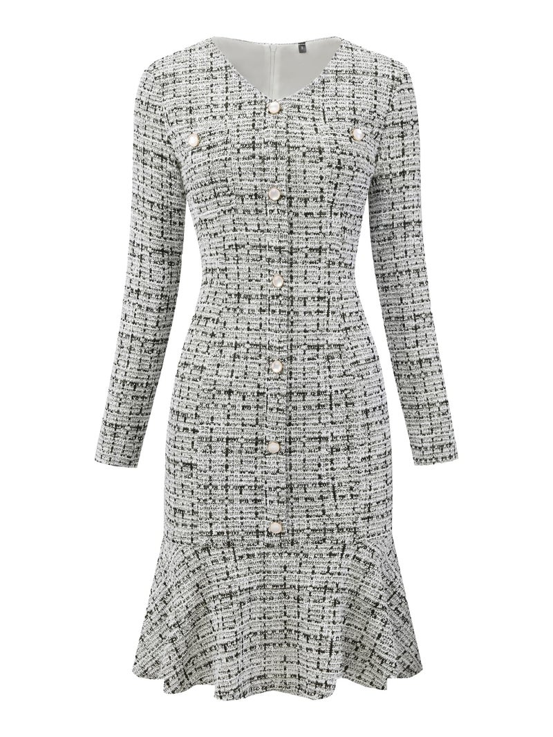 Hobemty Women's Tweed Dress 2025 Long Sleeve Wedding Cocktail Bodycon Fishtail Dresses Large White - Image 1