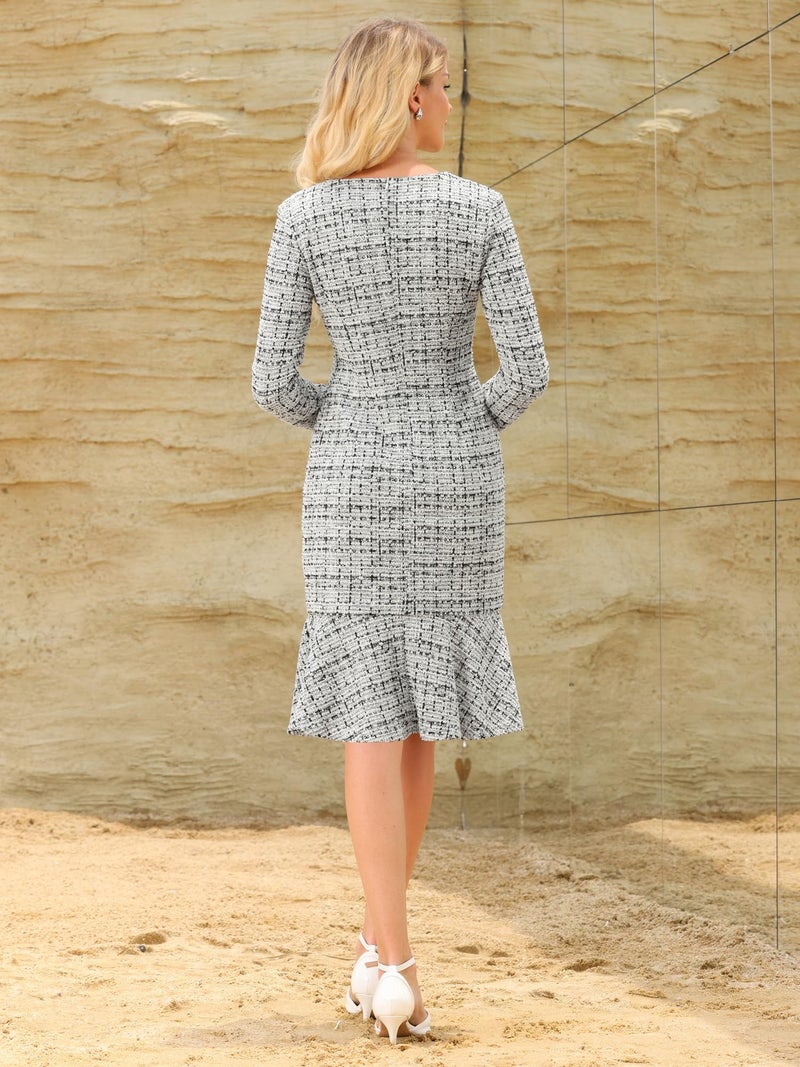 Hobemty Women's Tweed Dress 2025 Long Sleeve Wedding Cocktail Bodycon Fishtail Dresses Large White - Image 5