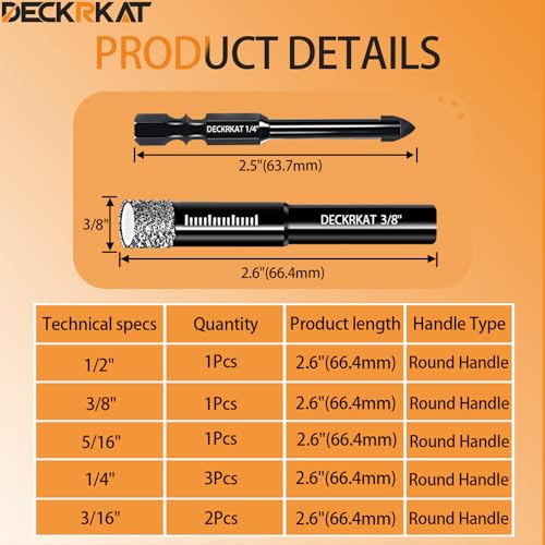 DECKRKAT 10-Piece Dry Diamond Drill Bits & TileDrill Bits - 3/16"(x2), 1/4"(x3), 5/16", 3/8", 1/2" + 1/4"(x2) Masonry Bit for Tile,Ceramic, Porcelain,Marble,Granite. - Image 2