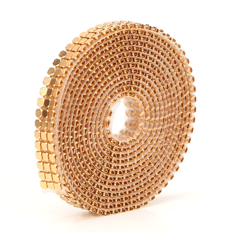 1.5m 3 Rows Aluminum Mesh Rhinestones Ribbon Sewing Strass Trim Clothing Accessories (Gold) - Image 1