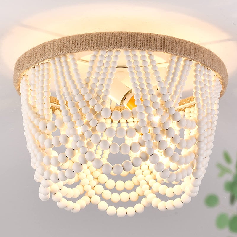 Capslpad Wood Beaded Flush Mount Ceiling Light Antique Rustic Mini Chandelier 3-Light White Boho Light Fixture for Dining Room,Nursery Room,Bedroom,Girl Room,Hallway,Entryway,Passway - Image 1