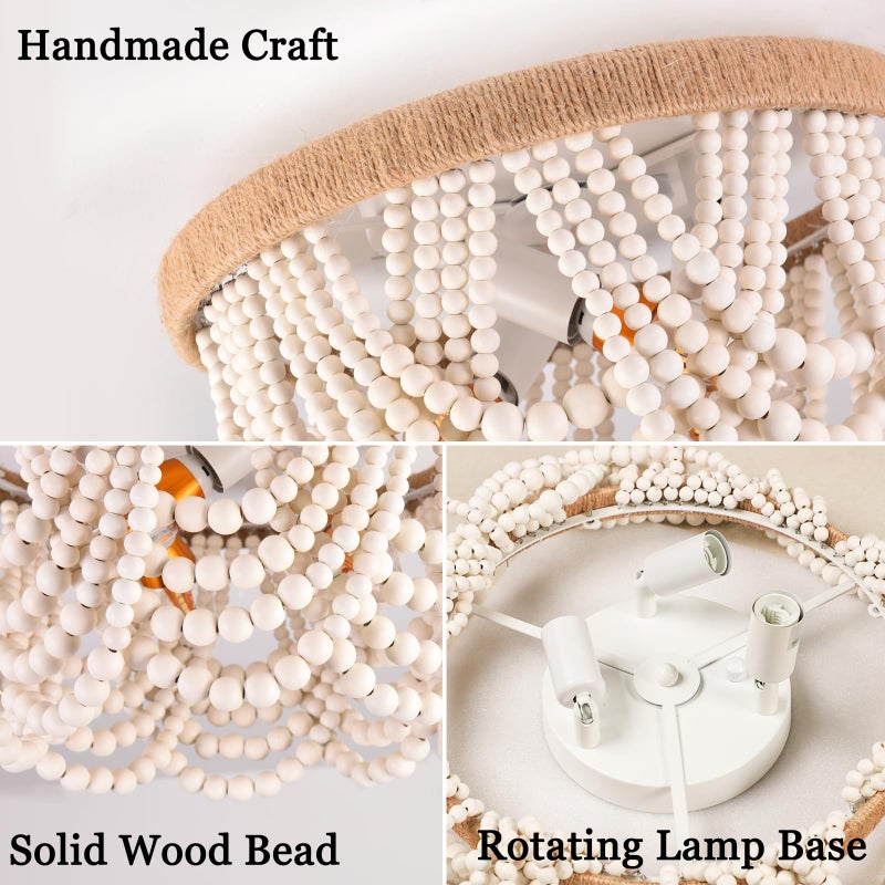 Capslpad Wood Beaded Flush Mount Ceiling Light Antique Rustic Mini Chandelier 3-Light White Boho Light Fixture for Dining Room,Nursery Room,Bedroom,Girl Room,Hallway,Entryway,Passway - Image 4