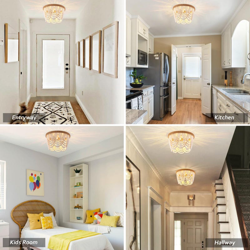 Capslpad Wood Beaded Flush Mount Ceiling Light Antique Rustic Mini Chandelier 3-Light White Boho Light Fixture for Dining Room,Nursery Room,Bedroom,Girl Room,Hallway,Entryway,Passway - Image 5