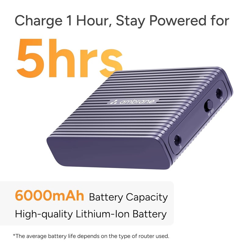 AMBRANE UPS صغير لجهاز توجيه WiFi مودم النطاق العريض 12V، احتياطي يصل إلى 5 ساعات، UPS لجهاز التوجيه حتى 2A، احتياطي طاقة لجهاز توجيه WiFi أثناء انقطاع التيار الكهربائي، UPS محمول (CyberVolt 2، بنفسجي) - Image 3