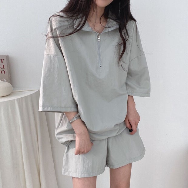 Womens Casual Chic Zip-Up Turtleneck Short Set 073 Gray (clothes + pants)