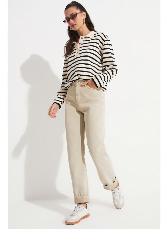 JUNE Women 100% Cotton Front Stitch Detail High Waist Jean Ecru - Image 1