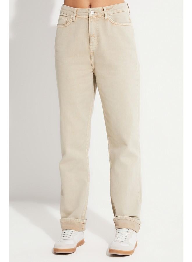 JUNE Women 100% Cotton Front Stitch Detail High Waist Jean Ecru - Image 5