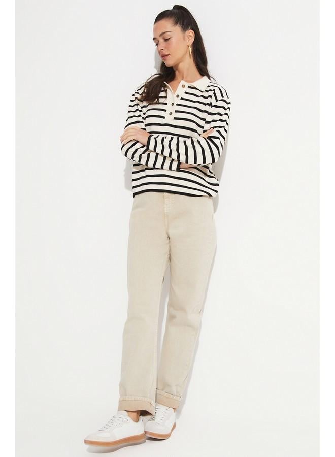 JUNE Women 100% Cotton Front Stitch Detail High Waist Jean Ecru - Image 2