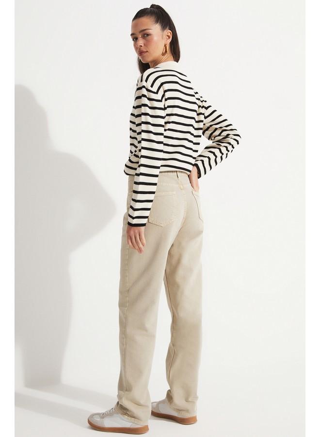 JUNE Women 100% Cotton Front Stitch Detail High Waist Jean Ecru - Image 4