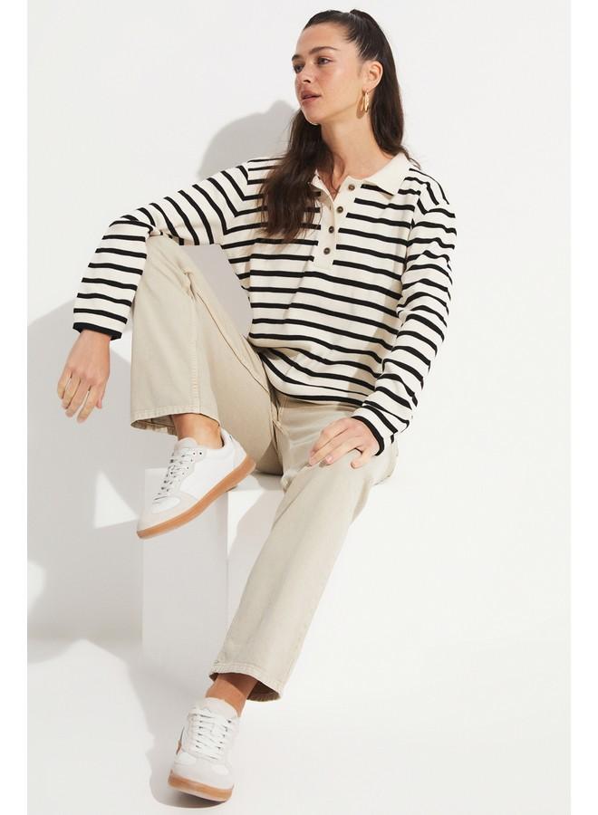 JUNE Women 100% Cotton Front Stitch Detail High Waist Jean Ecru - Image 3