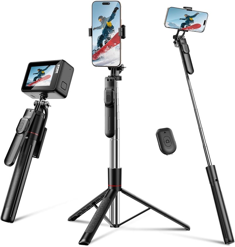 Hold Up عصا سيلفي طويلة جداً مع حامل ثلاثي القوائم، طويلة جداً مع قاعدة ثلاثية معززة كبيرة تصل إلى 67 بوصة/170 سم، جهاز تحكم عن بعد بلوتوث لاسلكي ليوتيوب، صور، فيديو، حامل ثلاثي للق smartphone - Image 1