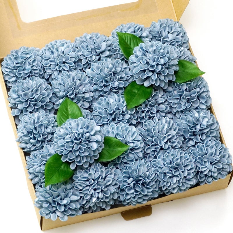 Piklado Artificial Wedding Cake Flowers Dahlia Flowers 25 pcs Fake Roses w/Stem for DIY Wedding Decor Centerpieces Arrangements Bouquets (Light Grayish Blue) - Image 1