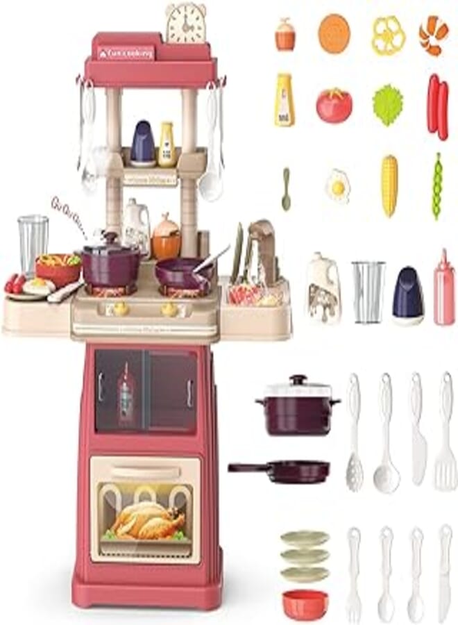 deAO Kids Kitchen Toy Set with Light & Sound, Kids Pretend Kitchen Role Play Set with Steam Cooker Hood, Sink, Cooking Toy for Kids Gils Boys for Birthdays Christmas