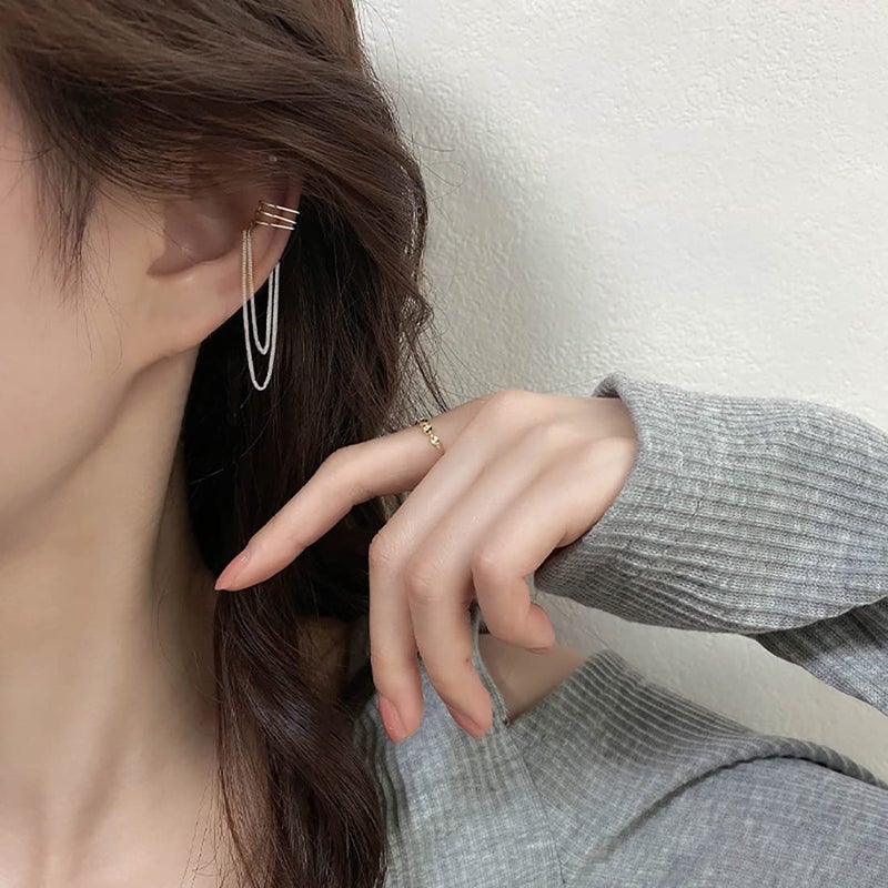 SLUYNZ 925 Sterling Silver No Piercing Cuff Earrings Chain for Women Wrap Earrings Tassel Clip On Ear (A-Silver) - Image 2