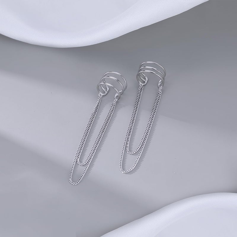 SLUYNZ 925 Sterling Silver No Piercing Cuff Earrings Chain for Women Wrap Earrings Tassel Clip On Ear (A-Silver) - Image 4