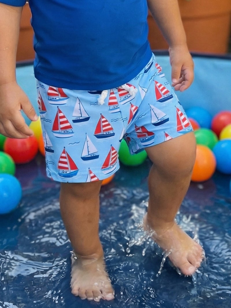 Toddler Baby Boy Swim Trunks Stylish Sailboat/Duck Print Casual Beach Shorts for Summer - Image 1