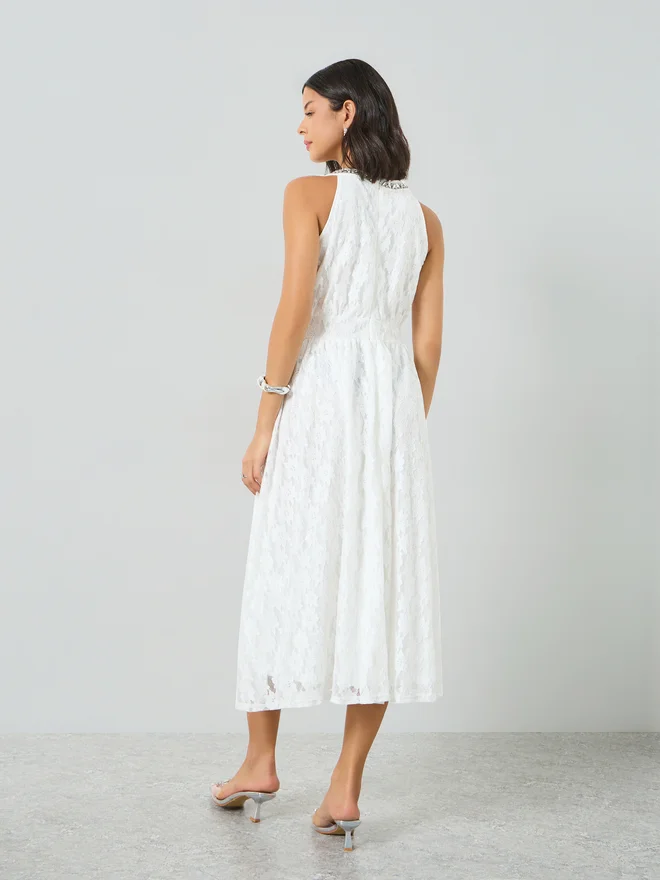 Styli  Styli White Lace Midi Dress with Embellishement for Women | Best Price UAE