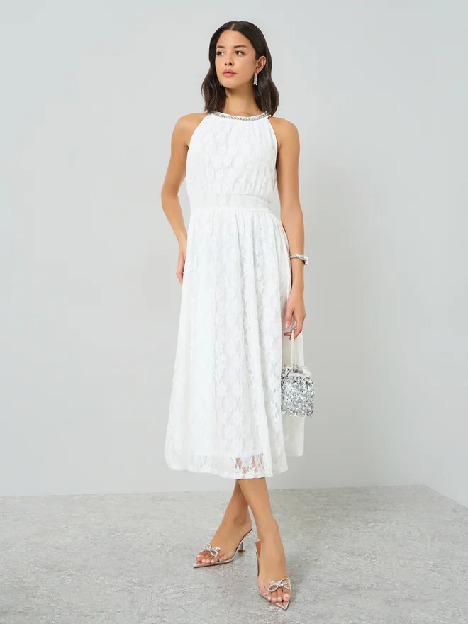 Styli  Styli White Lace Midi Dress with Embellishement for Women | Best Price UAE