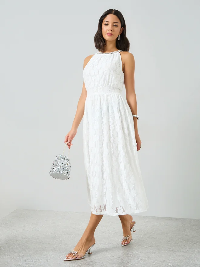 Styli White Lace Midi Dress with Embellishement