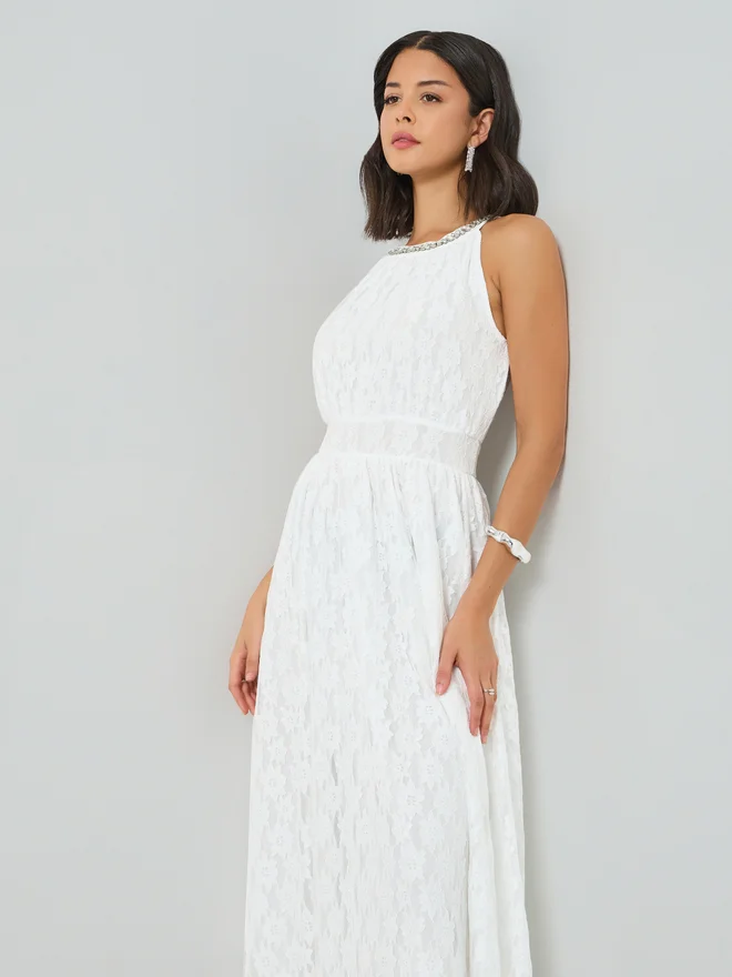 Styli  Styli White Lace Midi Dress with Embellishement for Women | Best Price UAE