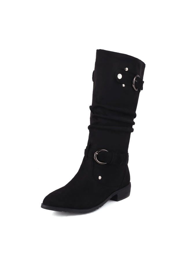MRKEWUNEY Casual Womens Shelley Knee High Slouch Boots Pull On Internal Increase Pleated Mid Calf Boots Round Toe Wide Calf Flat Mid Calf Boots Cowboy Boots Black Size 37 - Image 1