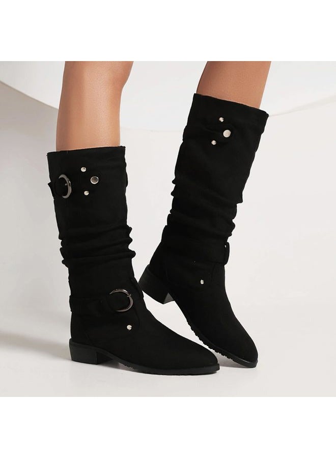 MRKEWUNEY Casual Womens Shelley Knee High Slouch Boots Pull On Internal Increase Pleated Mid Calf Boots Round Toe Wide Calf Flat Mid Calf Boots Cowboy Boots Black Size 37 - Image 4