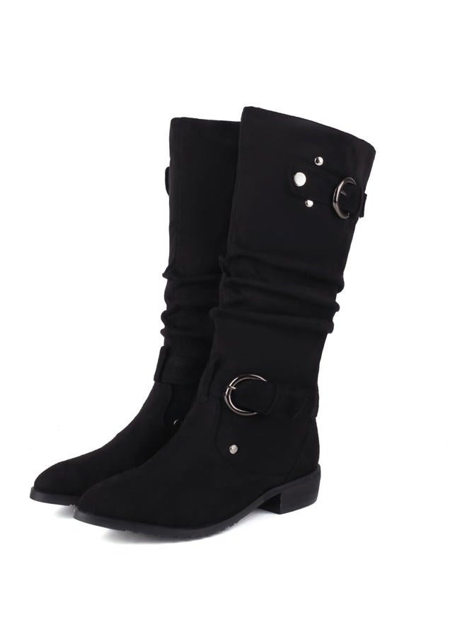 MRKEWUNEY Casual Womens Shelley Knee High Slouch Boots Pull On Internal Increase Pleated Mid Calf Boots Round Toe Wide Calf Flat Mid Calf Boots Cowboy Boots Black Size 37 - Image 2
