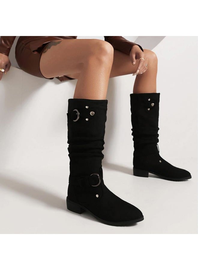 MRKEWUNEY Casual Womens Shelley Knee High Slouch Boots Pull On Internal Increase Pleated Mid Calf Boots Round Toe Wide Calf Flat Mid Calf Boots Cowboy Boots Black Size 37 - Image 5