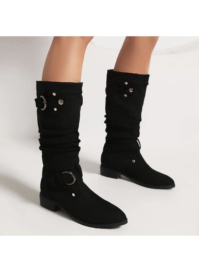 MRKEWUNEY Casual Womens Shelley Knee High Slouch Boots Pull On Internal Increase Pleated Mid Calf Boots Round Toe Wide Calf Flat Mid Calf Boots Cowboy Boots Black Size 37 - Image 3