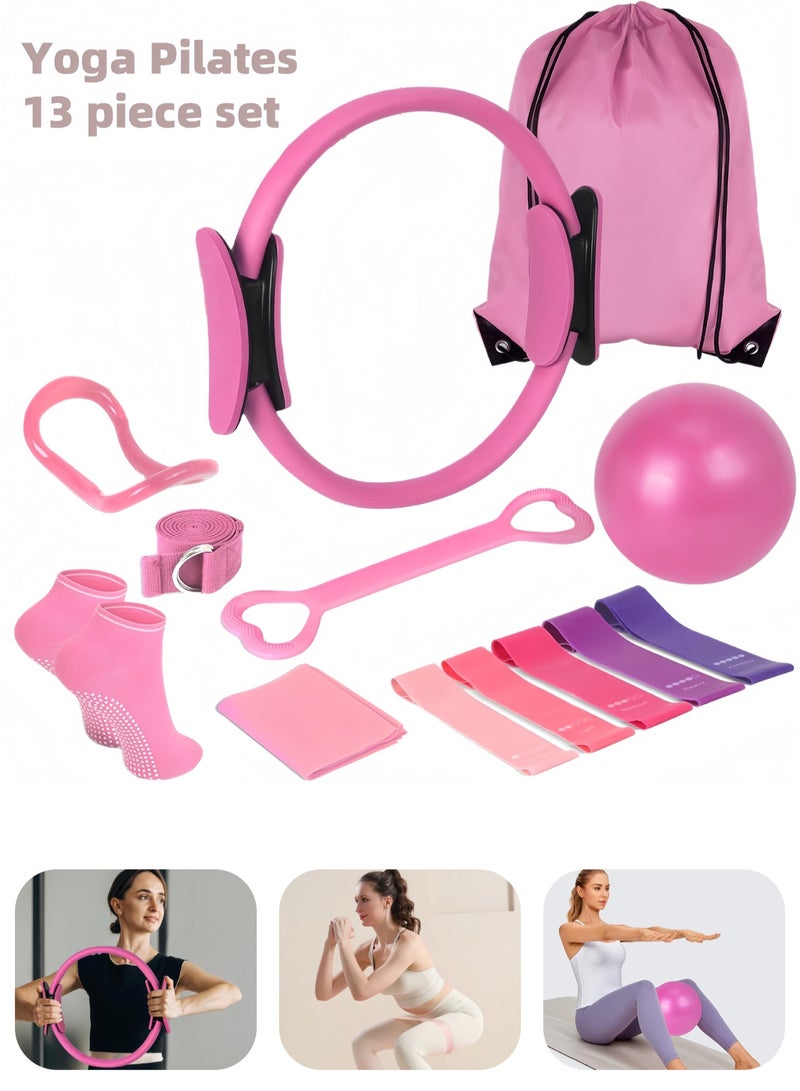 Generic 13-piece Pilates ring set, yoga fitness magic circle, Pilates equipment, 9.8-inch fitness ball, resistance band, magic circle, accessories for home gym set, body shaping, fitness gift.  - Image 2