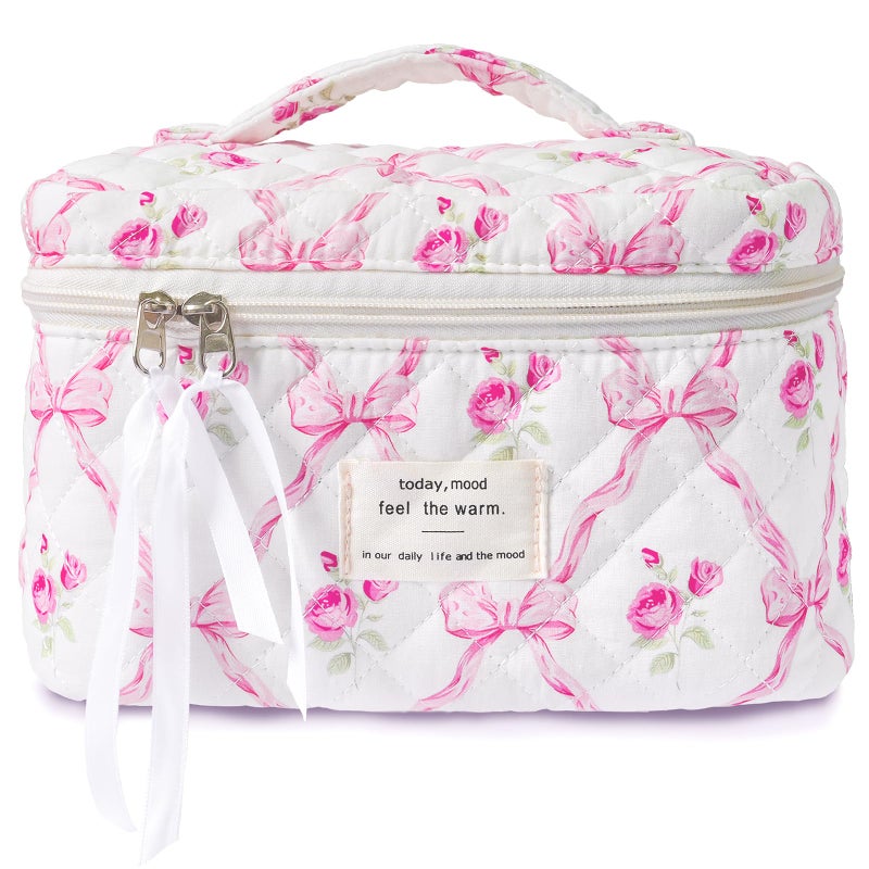 Sminra Makeup Bag Large Travel Quilted Cosmetic Bag Organizer Floral Cotton Coquette Aesthetic Toiletry Bag Gift for Women Girls Pink Bow FlowersL - Image 2