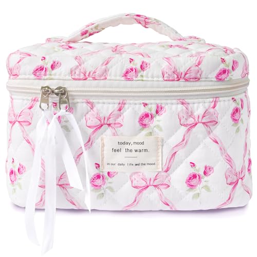 Sminra Makeup Bag Large Travel Quilted Cosmetic Bag Organizer Floral Cotton Coquette Aesthetic Toiletry Bag Gift for Women Girls Pink Bow FlowersL - Image 1
