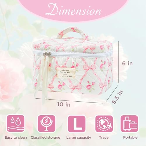 Sminra Makeup Bag Large Travel Quilted Cosmetic Bag Organizer Floral Cotton Coquette Aesthetic Toiletry Bag Gift for Women Girls Pink Bow FlowersL - Image 3